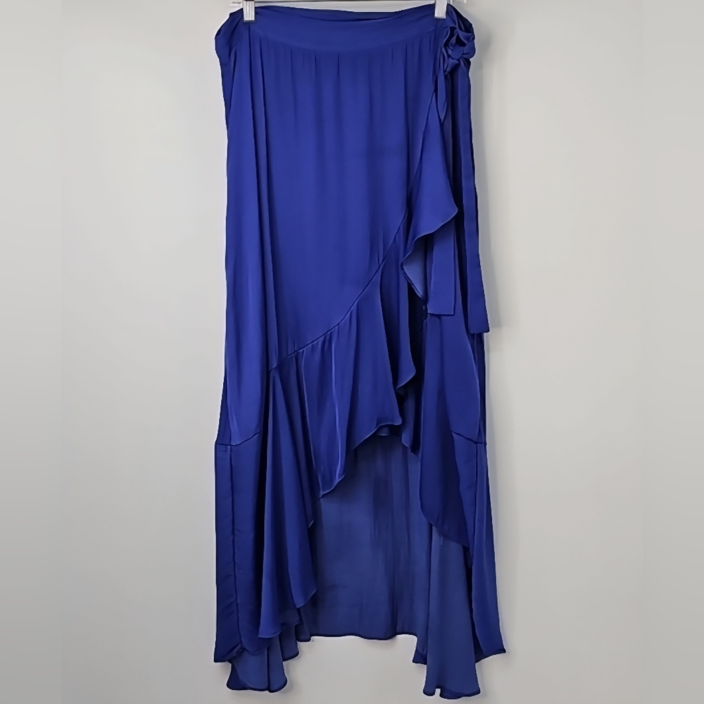 Anthropologie Elegant Blue Silky Wrap‎ Skirt Asymmetrical Ruffle Hem Peasant - Picture 5 of 16